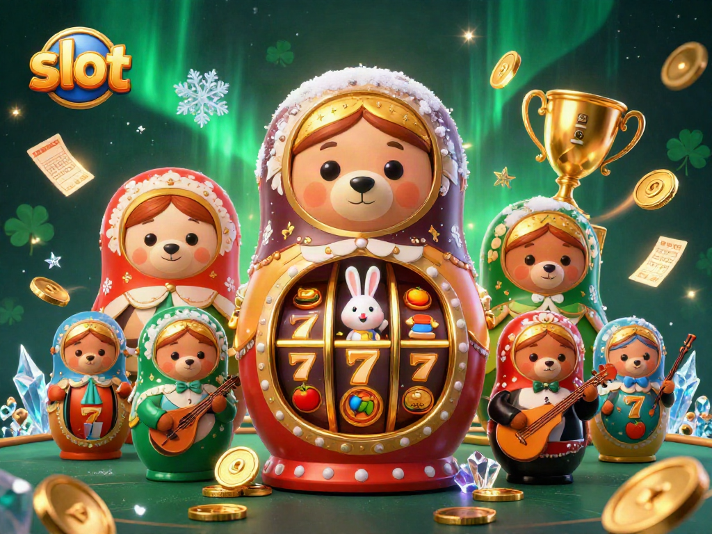 Spin slot dengan karakter unik, beruang Matryoshka dan unsur kasino yang menarik.