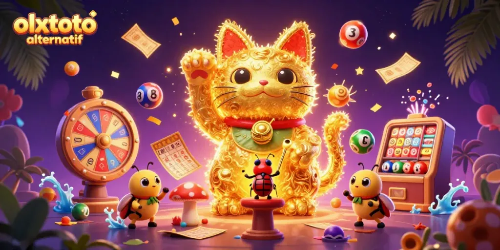 Experience the excitement of olxtoto alternatif with a vibrant 3D illustration of a lucky cat and colorful lottery elements.