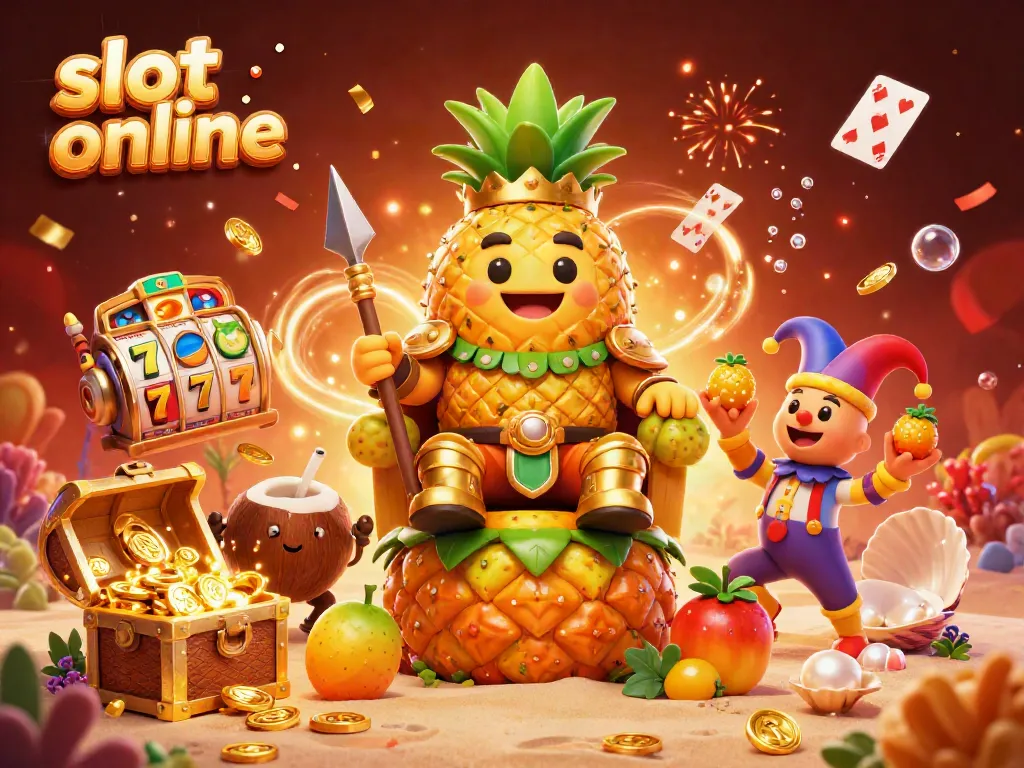 Slot online dengan raja nanas emas dan penjaga kelapa dalam ilustrasi 3D penuh warna di kasino pantai