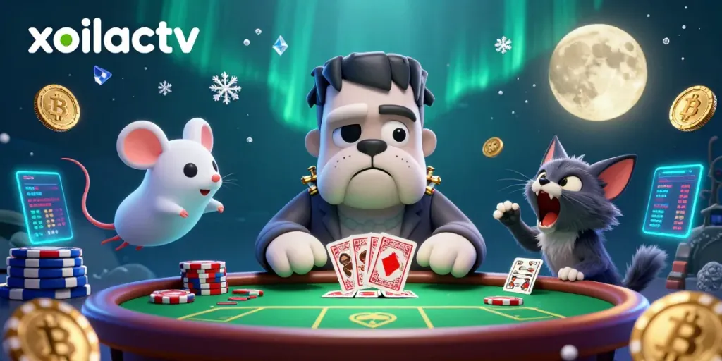 Xoilactv features a cartoon bulldog monster dealer at a spooky poker table amidst neon cryptocurrency elements.