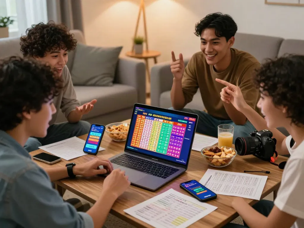 Teman-teman berdiskusi tentang prediksi toto togell di laptop dengan suasana nyaman di ruang tamu.