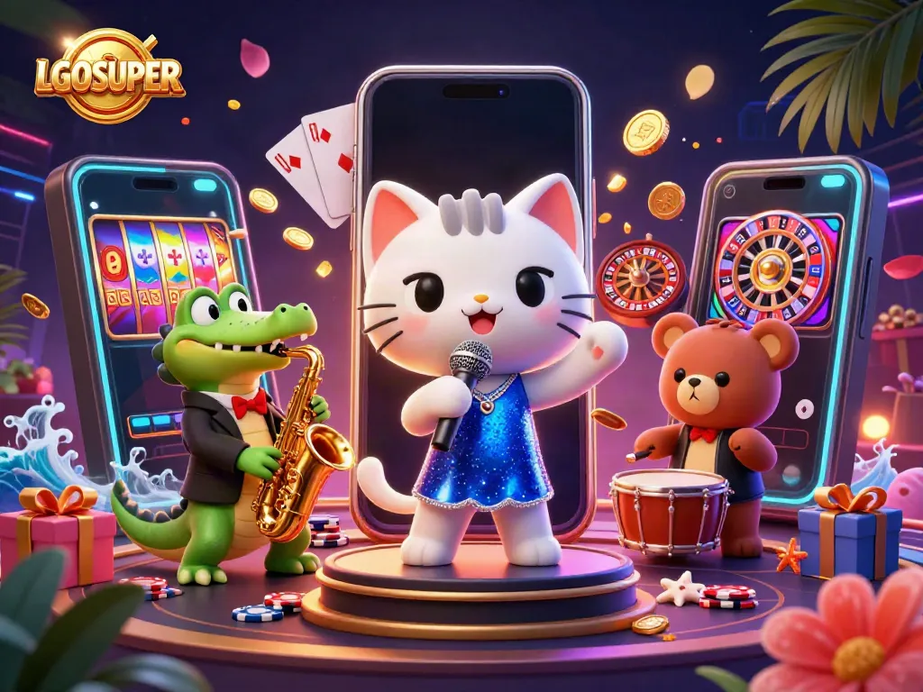 Experience thrilling gameplay with LGOSUPER in a vibrant casino scene featuring musical characters and gaming elements.