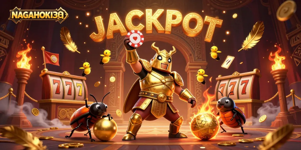NAGAHOKI303 Beetle champions celebrate a slot jackpot in a vibrant casino arena.
