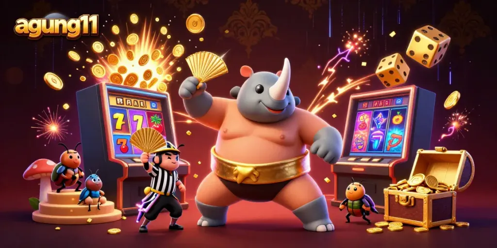 Watch the agung11 champion beetle stomp as coins fly, surrounded by vibrant casino elements.