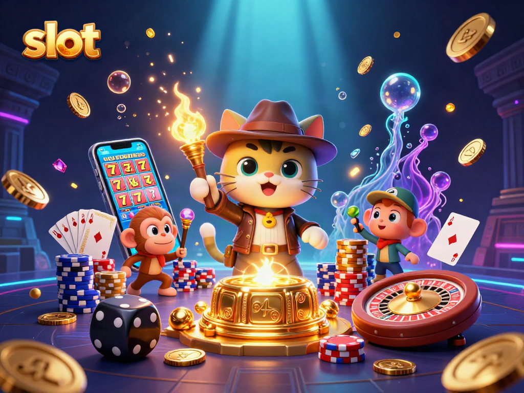 Spin the reels of the slot machine in a vibrant casino atmosphere with thrilling treasures.
