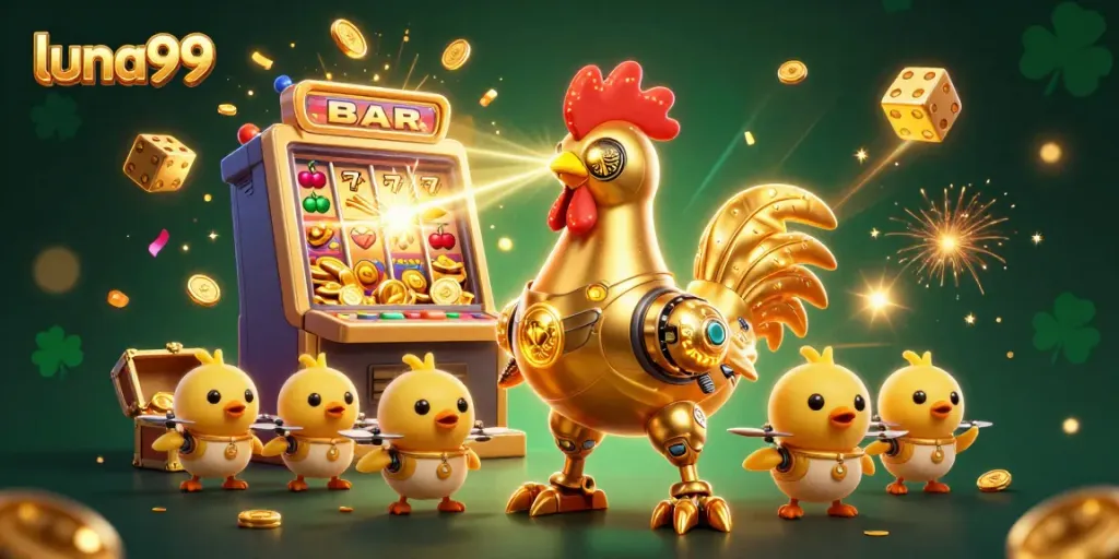 Permainan menarik di luna99 dengan karakter robot dan anak ayam sebagai iklan judi online.