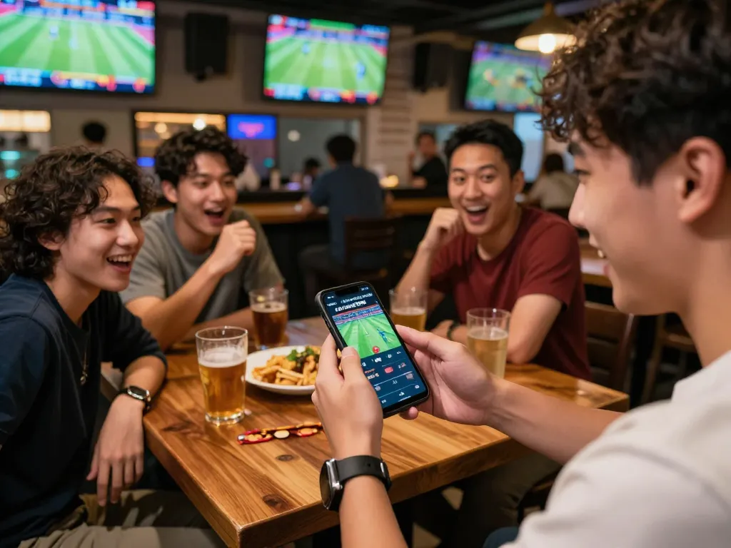 Person placing bets on a sports game using the kaisar888 mobile app during a lively gathering