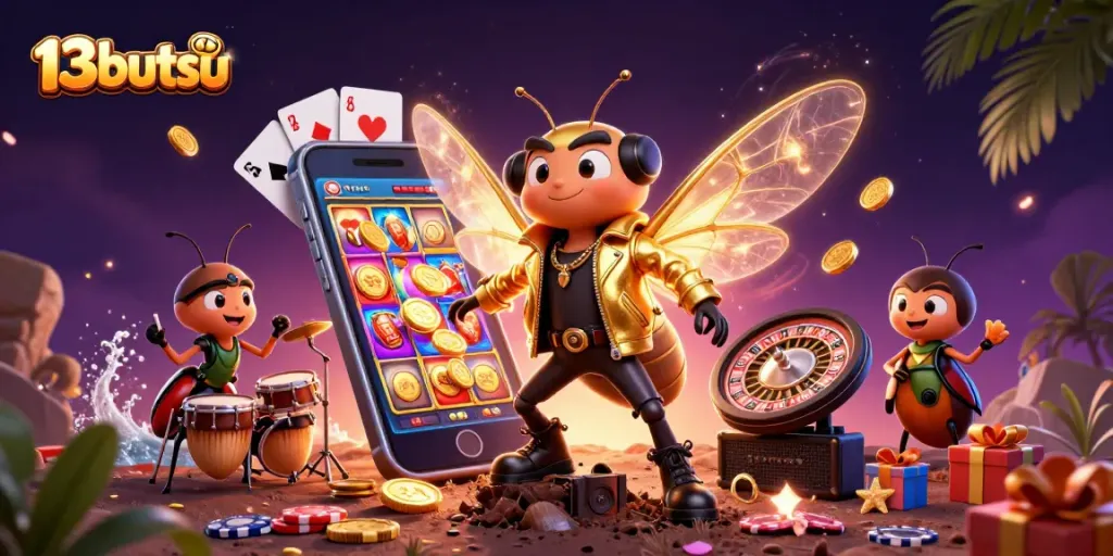 Experience the vibrant 13butsu slotscape with lively gambles and animated characters at play.
