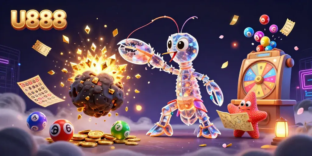 Launch into an exciting world of U888 with a vibrant 3D illustration featuring games, rich colors, and dynamic action.