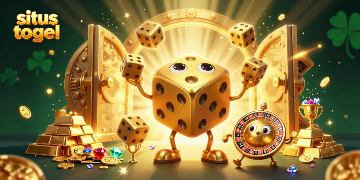 Experience the excitement with situs togel, featuring a playful golden dice golem amongst treasure.