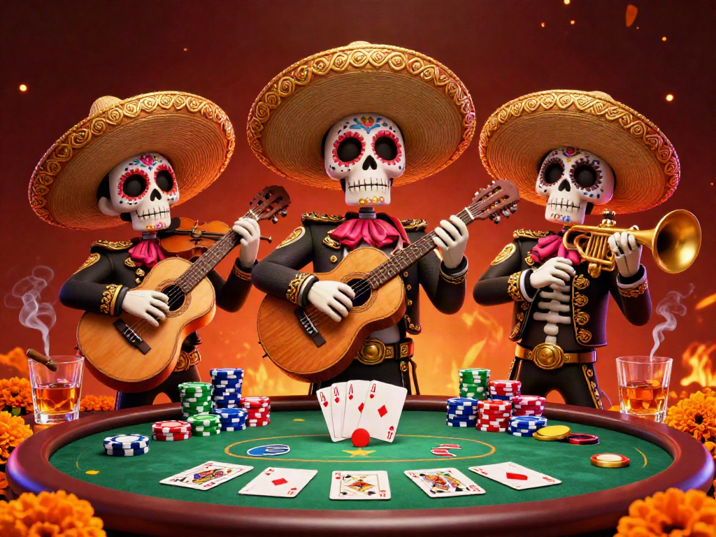 Experience Rút tiền MU88 with vibrant skeleton mariachi players at a poker table, rich in detail.
