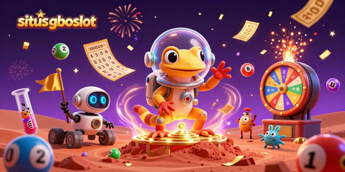 Situs gboslot menghadirkan ilustrasi 3D kartun detail tinggi di kasino emas dengan gecko Mars dan robot rover.