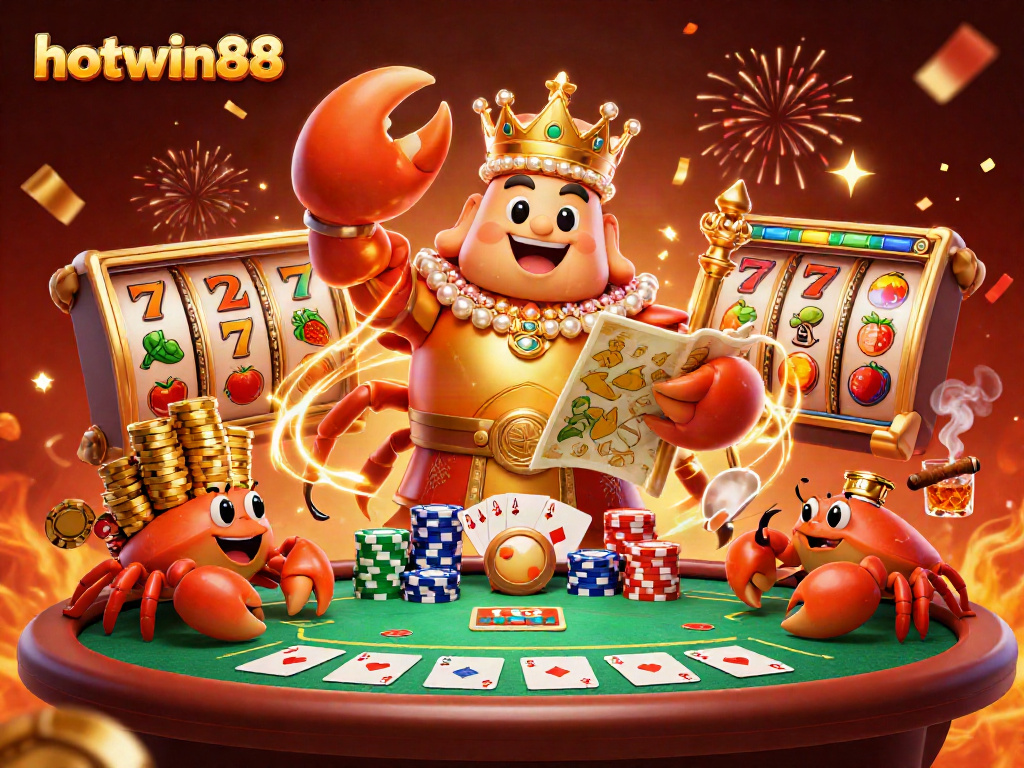 Experience thrilling wins at hotwin88 featuring a royal crab emperor amidst slot machines.