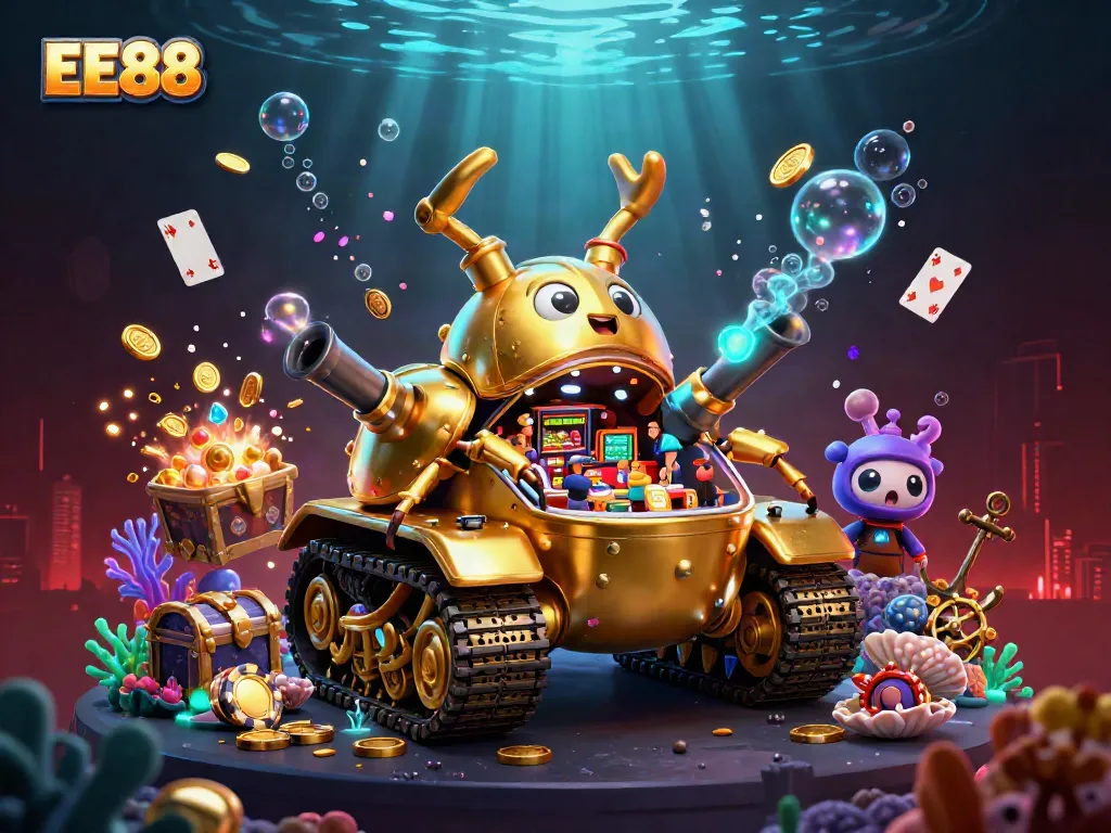 Celebrate excitement at EE88 with a stunning 3D casino scene featuring a golden beetle tank and underwater treasures.