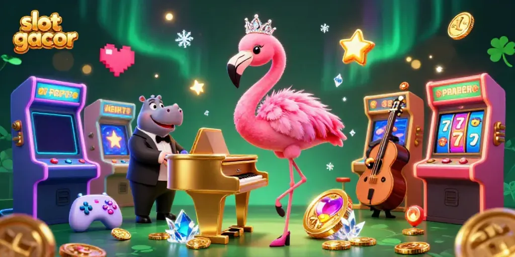 Slot gacor tampak seger dengan karakter flamingo dan hippo di kasino 3D yang meriah.