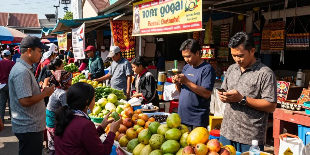 Pasar tradisional Indonesia dengan penjual buah, orang-orang memeriksa ratutogel dan berinteraksi dengan vendor.