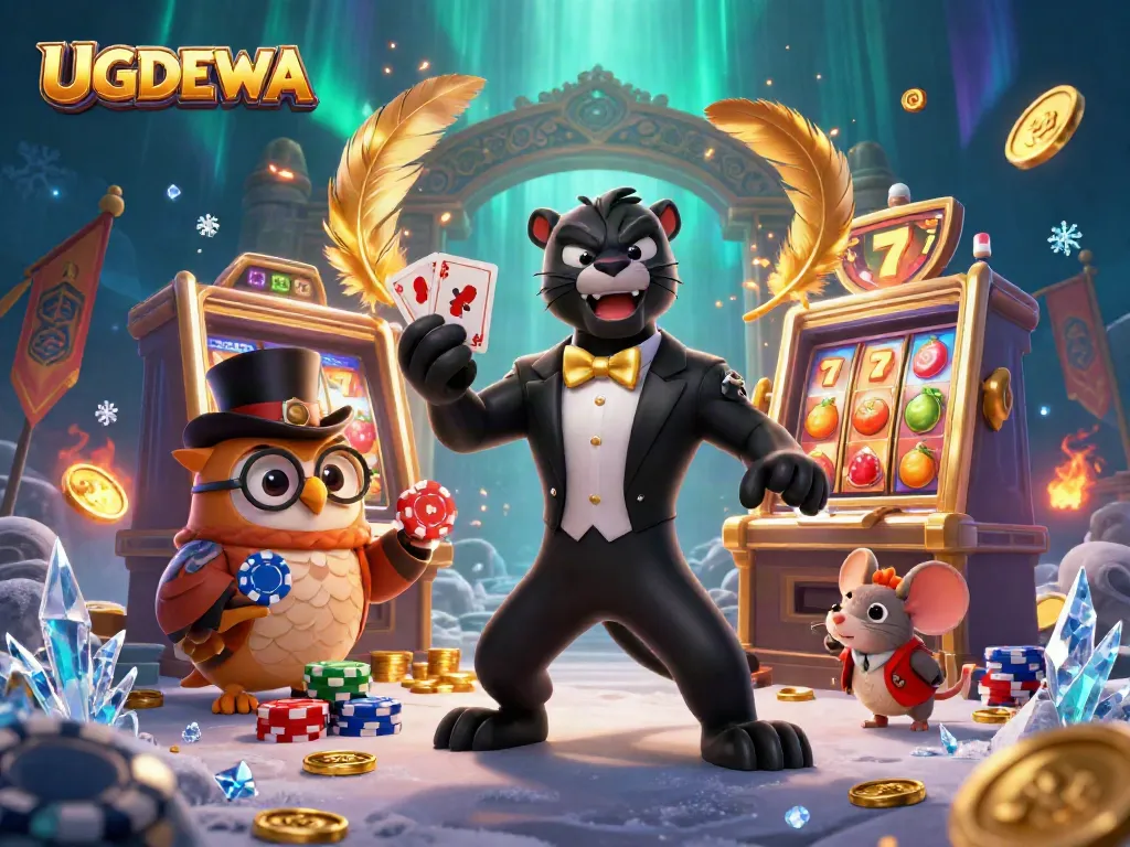 Engage with UGDEWA, where the stylish panther deals cards among vibrant slot reels and lucky symbols.
