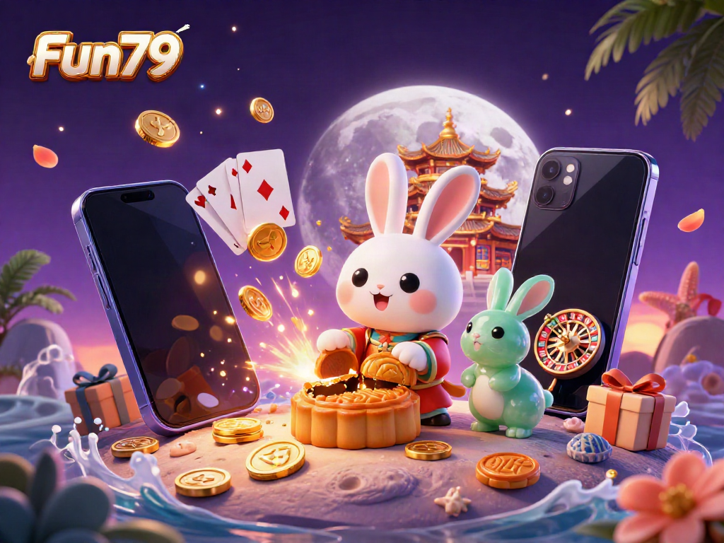 Engage with Fun79's vibrant gaming world as a moon rabbit reveals poker chips, surrounded by gaming elements.