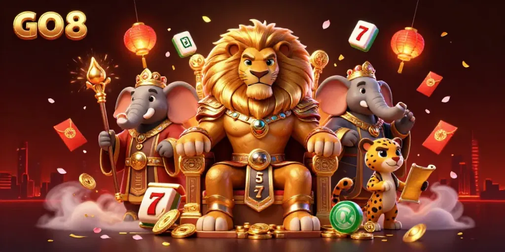 Engage with GO 8's vibrant casino world featuring a lion, elephant, and cheetah amidst slot reels and bamboo.