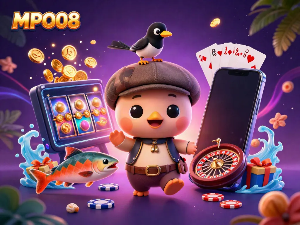 MPO08 cartoon illustration with Nessie and casino elements depicting fun gambling.