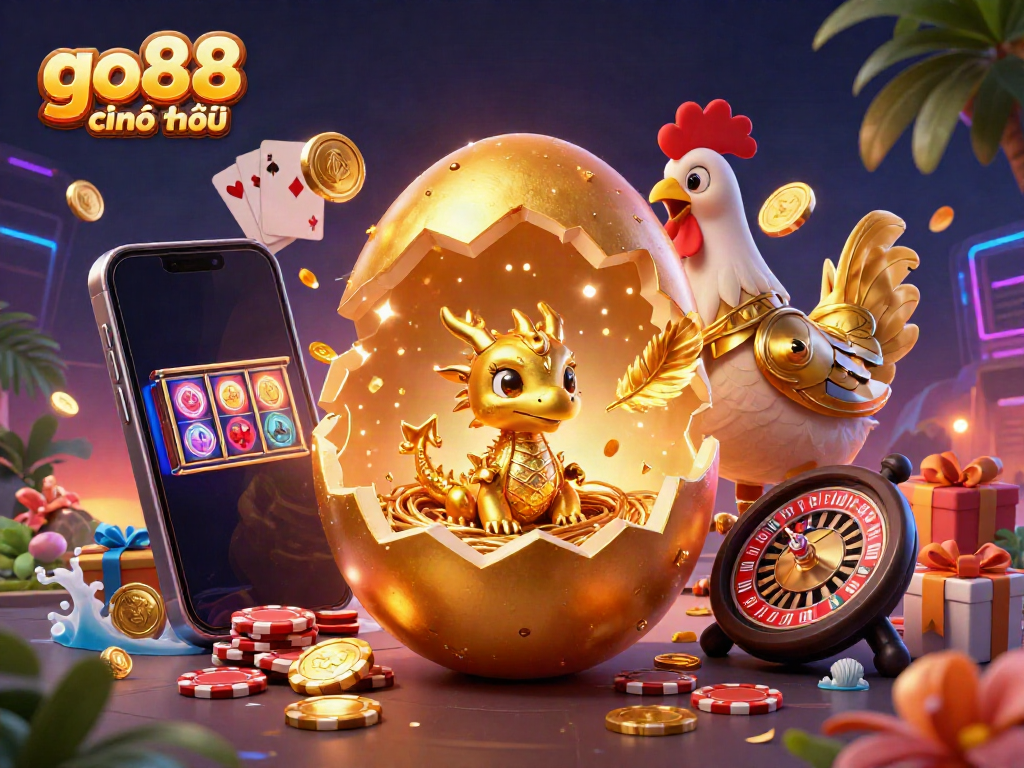 Experience the thrill of go88 chính thức as a golden dragon emerges from a golden egg surrounded by vibrant gaming elements.