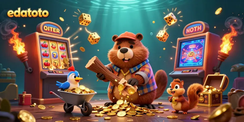 Experience the thrilling edatoto casino adventure with a beaver collecting golden coins.