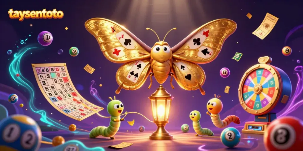 Taysentoto brings vibrant lottery action to life with colorful balls and a golden moth in a casino scene.