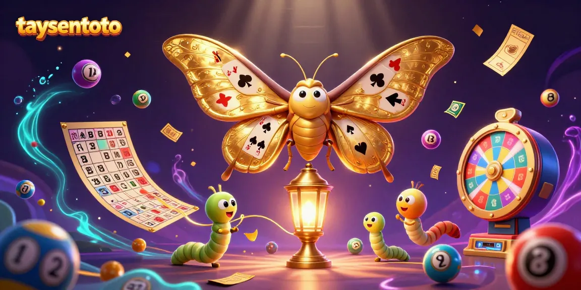 Taysentoto brings vibrant lottery action to life with colorful balls and a golden moth in a casino scene.