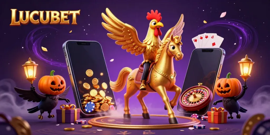 Experience thrilling slots with LUCUBET as a golden rooster in a vibrant casino scene.