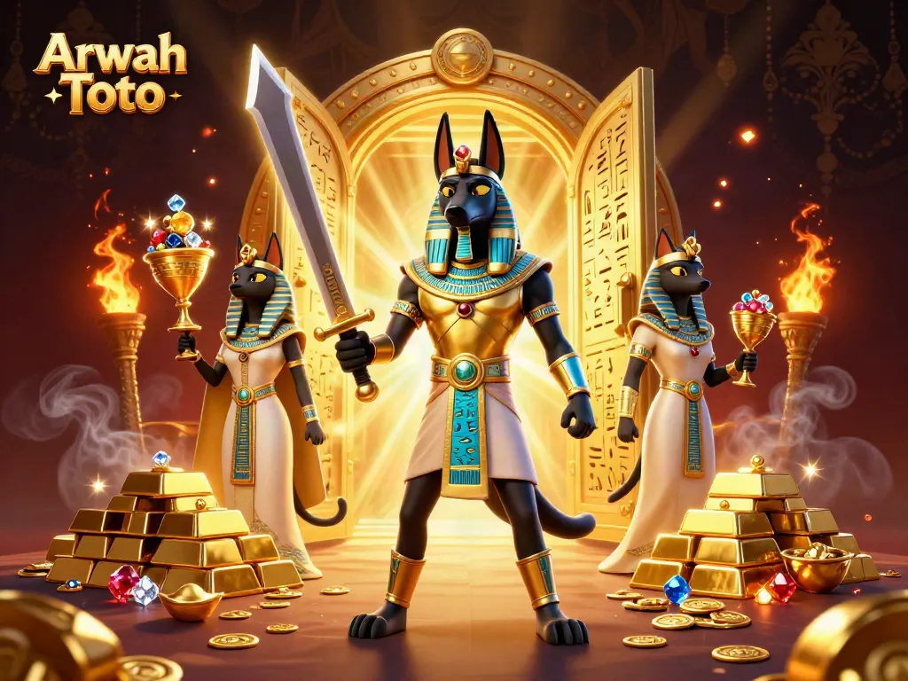 Arwah Toto menawarkan pengalaman menarik dengan karakter Anubis dan Bastet dalam ilustrasi kasino yang penuh harta