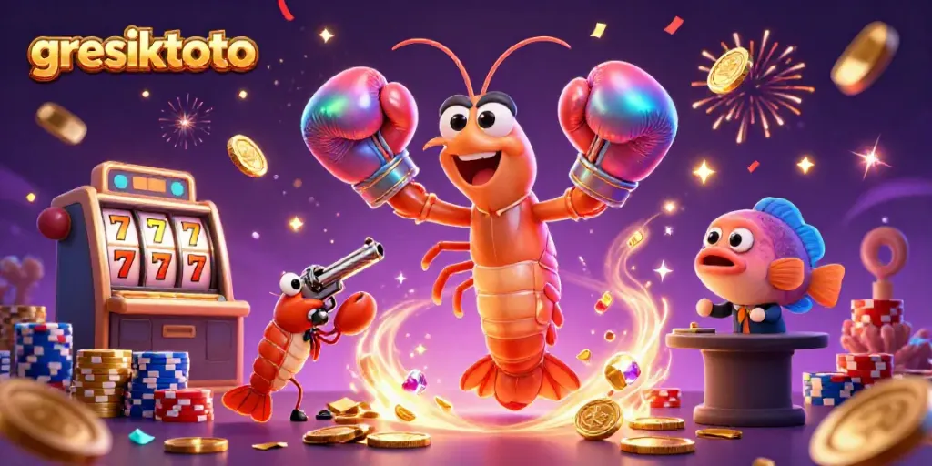 Ilustrasi 3D gresiktoto menampilkan udang mantis tinju dengan elemen permainan slot yang penuh warna.