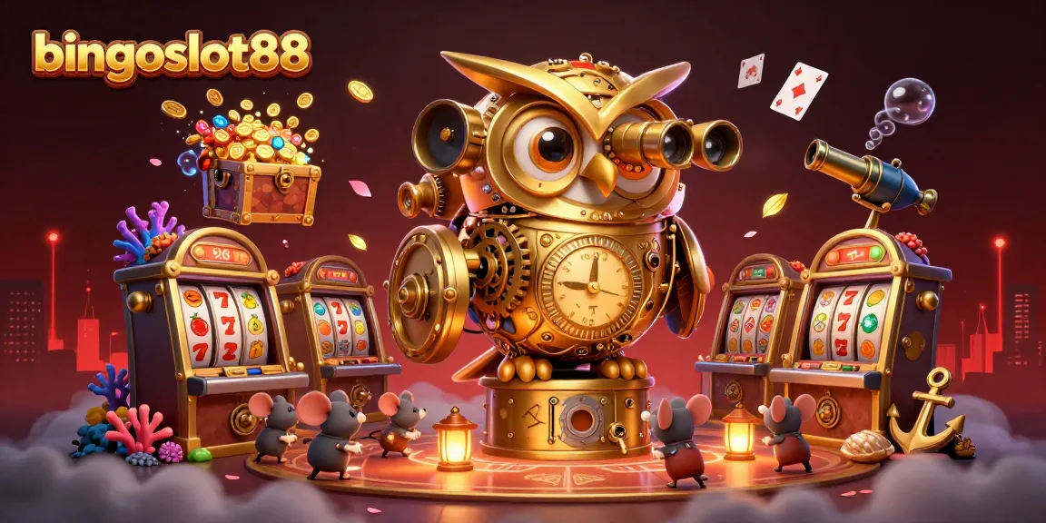 Raih kemenangan dengan bingoslot88, ilustrasi kasino penuh slot mesin dan karakter menarik.