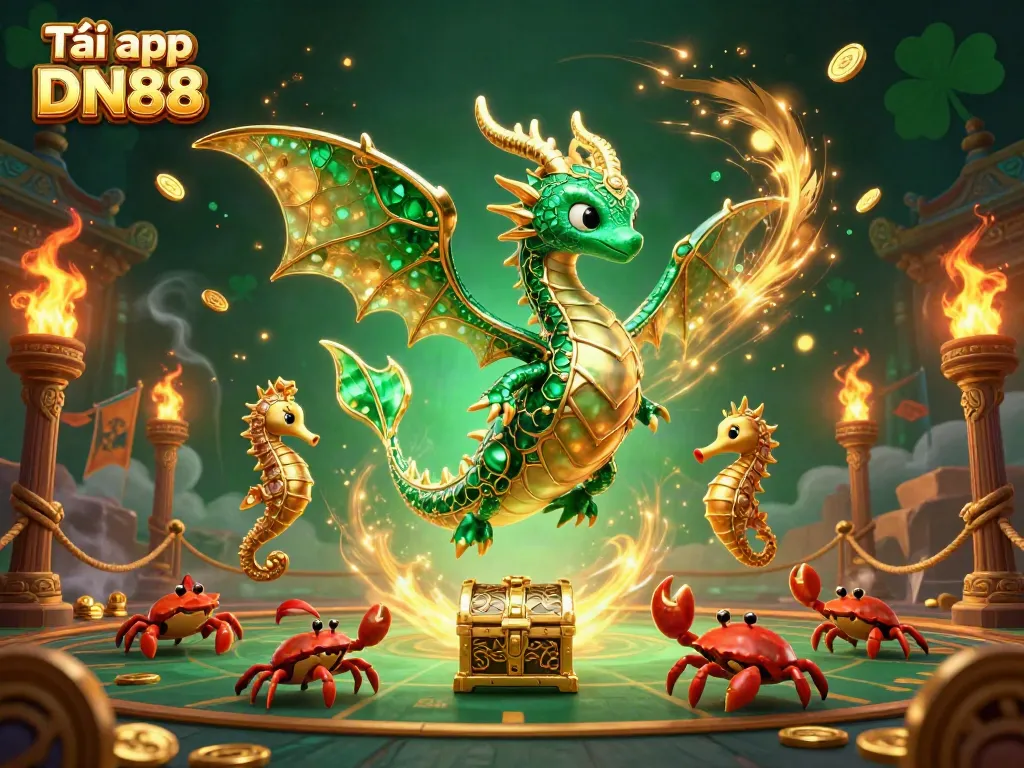 Immerse in the vibrant world of gaming with Tải app DN88, featuring a dragon guardian and treasure