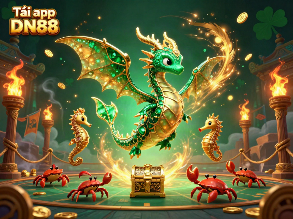 Immerse in the vibrant world of gaming with Tải app DN88, featuring a dragon guardian and treasure