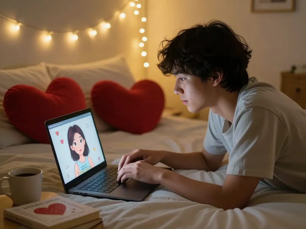 Engaging in ai 18+ chat in cozy bedroom setting with warm lighting.