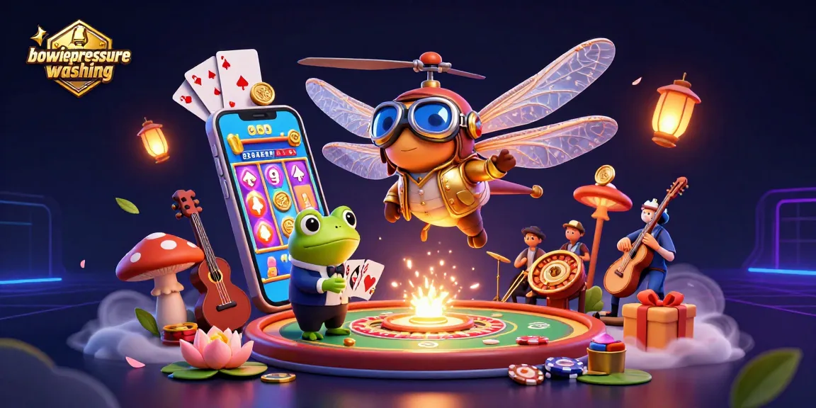 Bowiepressurewashing showcases a vibrant 3D dragonfly pilot and frog croupier in a lively casino scene.