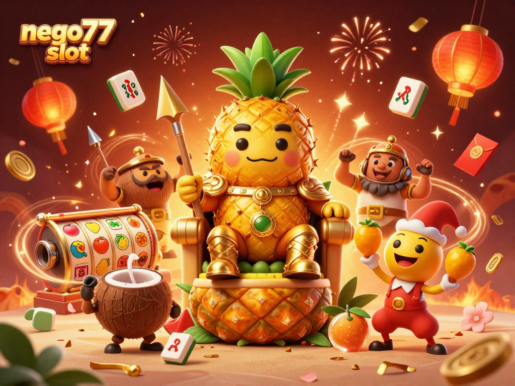 Engage with the exciting nego77 slot experience among a vibrant beach casino scene featuring fun characters.
