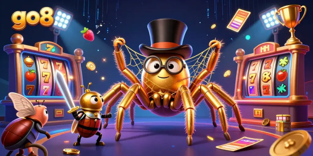 Experience the thrill of go8 casino with vibrant characters, golden elements, and gambling excitement!