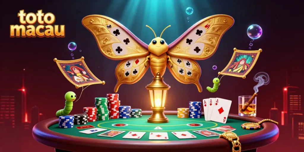 Engage in Toto Macau with detailed visuals of 3D moths and playing cards in a vibrant casino scene.