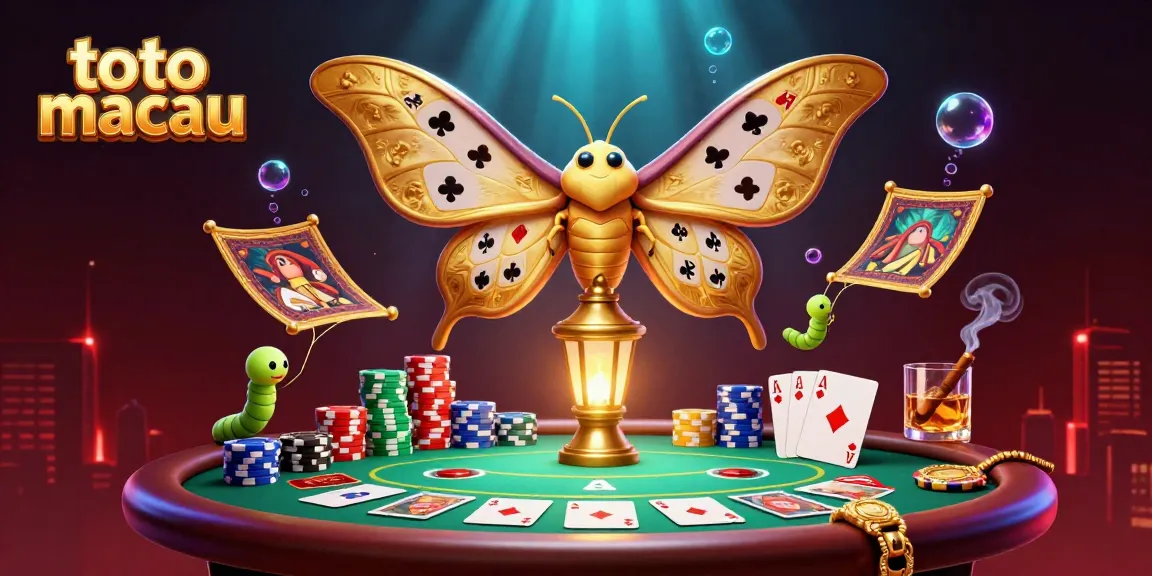 Engage in Toto Macau with detailed visuals of 3D moths and playing cards in a vibrant casino scene.
