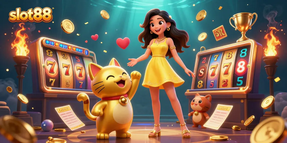 Experience excitement with slot88 as a cheerful woman plays exciting slot games with golden coins.