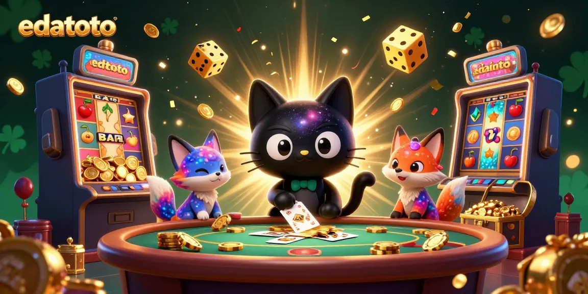 Engage with edatoto's colorful cosmic casino scene featuring a black hole cat and a nebula fox.