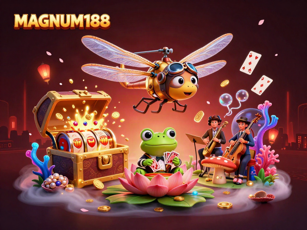 Experience thrilling gameplay with MAGNUM188 at a vibrant casino scene featuring dynamic characters and games.