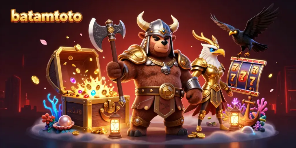 Exciting batamtoto gaming scene with Viking characters and colorful slots elements.