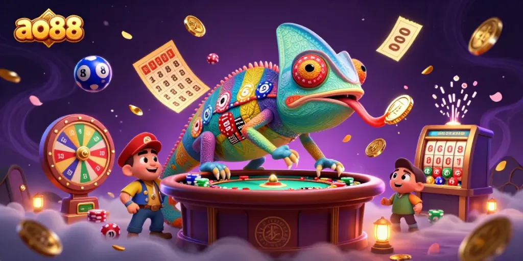 Engage with ao88's vibrant gaming scene featuring a colorful chameleon casino owner capturing golden coins.