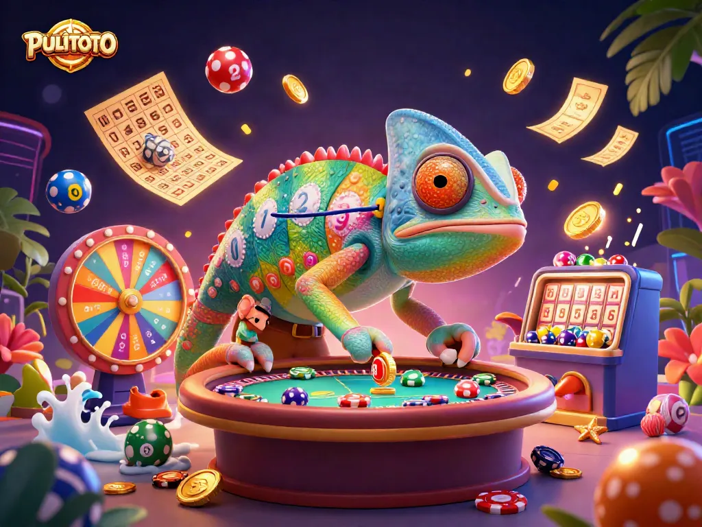 PULITOTO's chameleon casino owner delights in golden coin winnings amidst vibrant gaming elements.