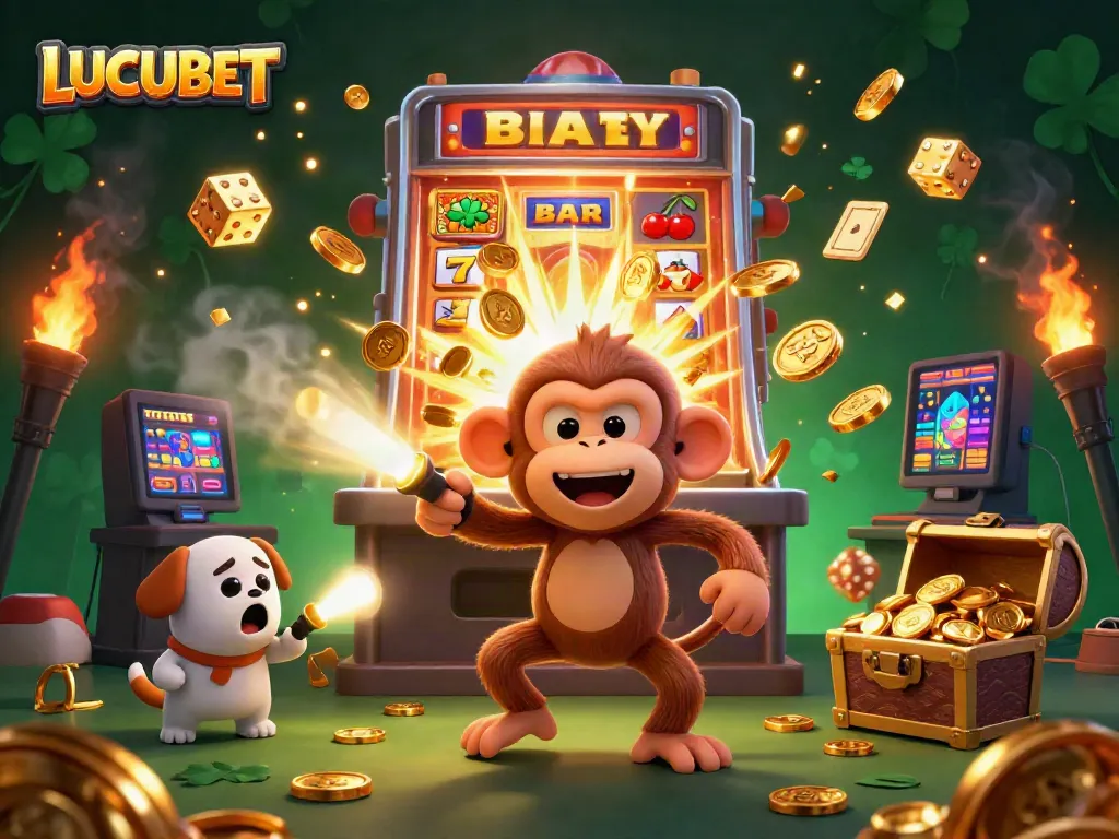 LUCUBET showcases a playful scene of a mischievous monkey and a curious puppy in a vibrant casino, surrounded by golden gaming elements.