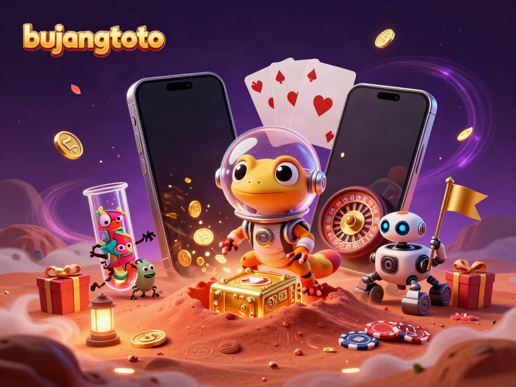 Experience exciting gaming adventures with bujangtoto, featuring vibrant 3D illustrations of slots and a Martian explorer.
