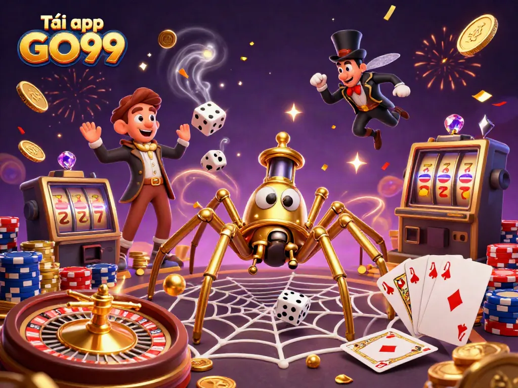 Experience the excitement of Tải app GO99 with a vibrant 3D casino scene featuring a cartoon spider, playful dice, and sparkling gems.
