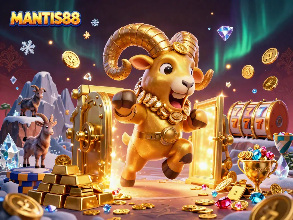 MANTIS88 celebrates big wins with golden ram and treasures in dynamic casino scene.